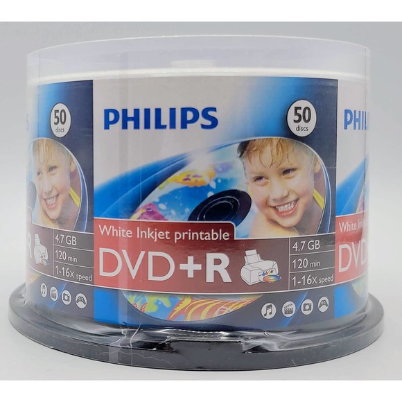 Philips White Inkjet Printable 16X DVD+R Media 50 Pk in Cake Box (DR4I6B50F/17) - Picture 2 of 5